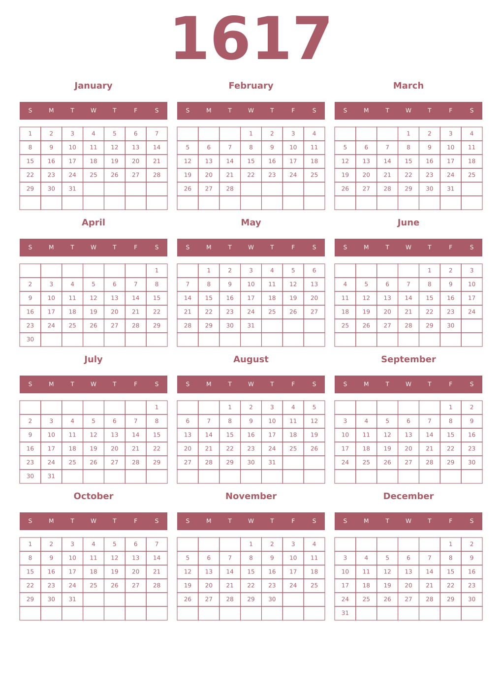 Printable 1617 Year Calendars puce