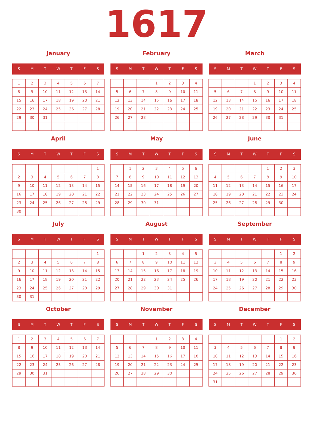 Printable 1617 Year Calendars red