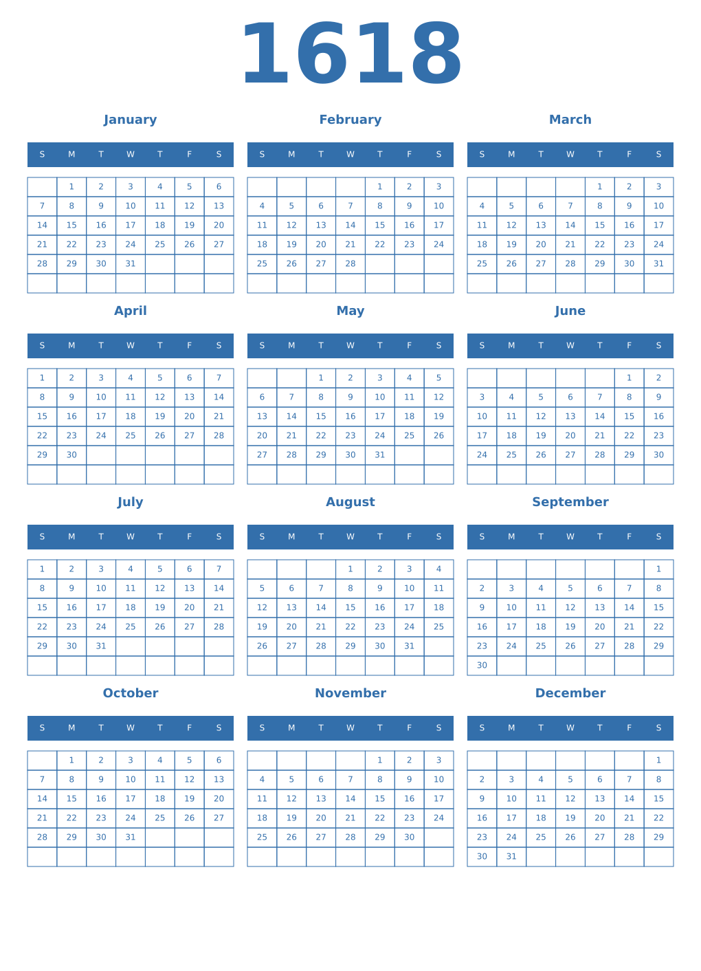 Printable 1618 Year Calendars blue