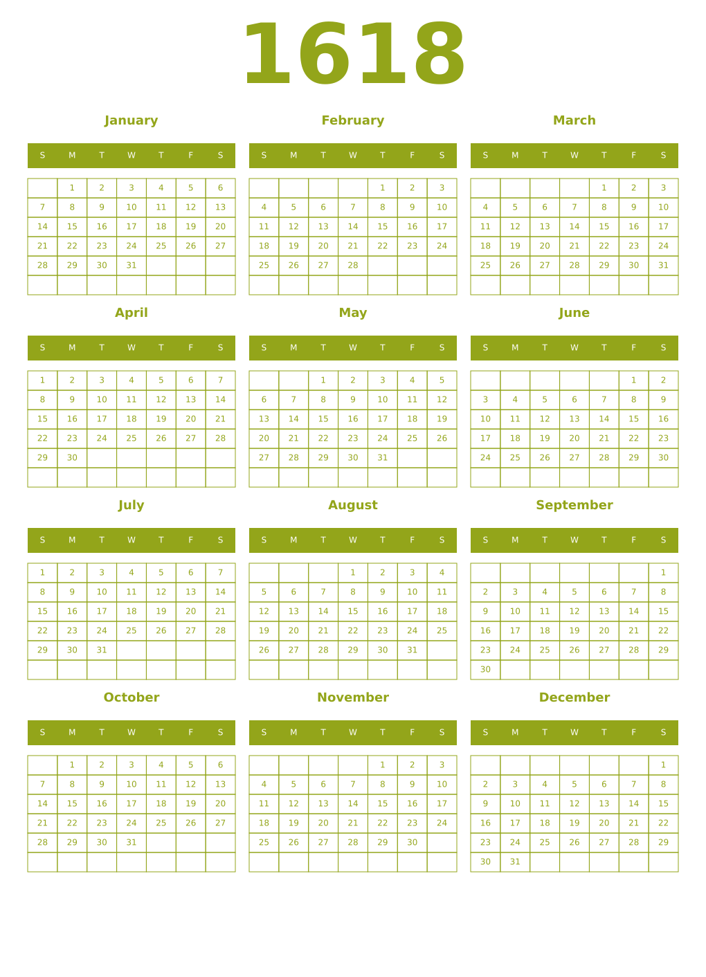Printable 1618 Year Calendars chartreuse
