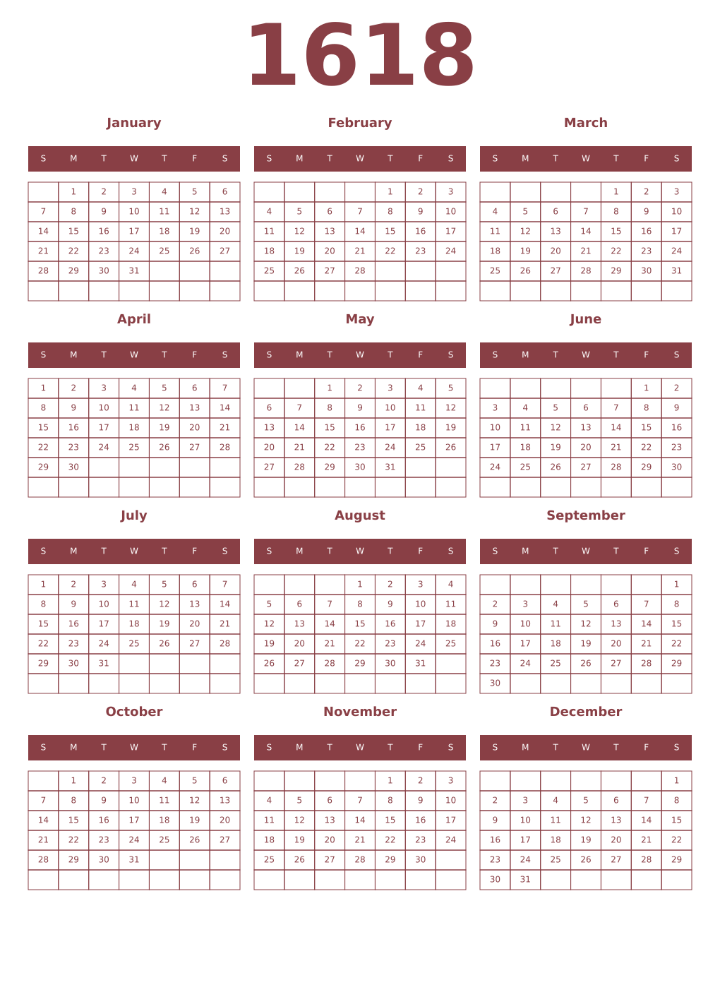 Printable 1618 Year Calendars cordovan