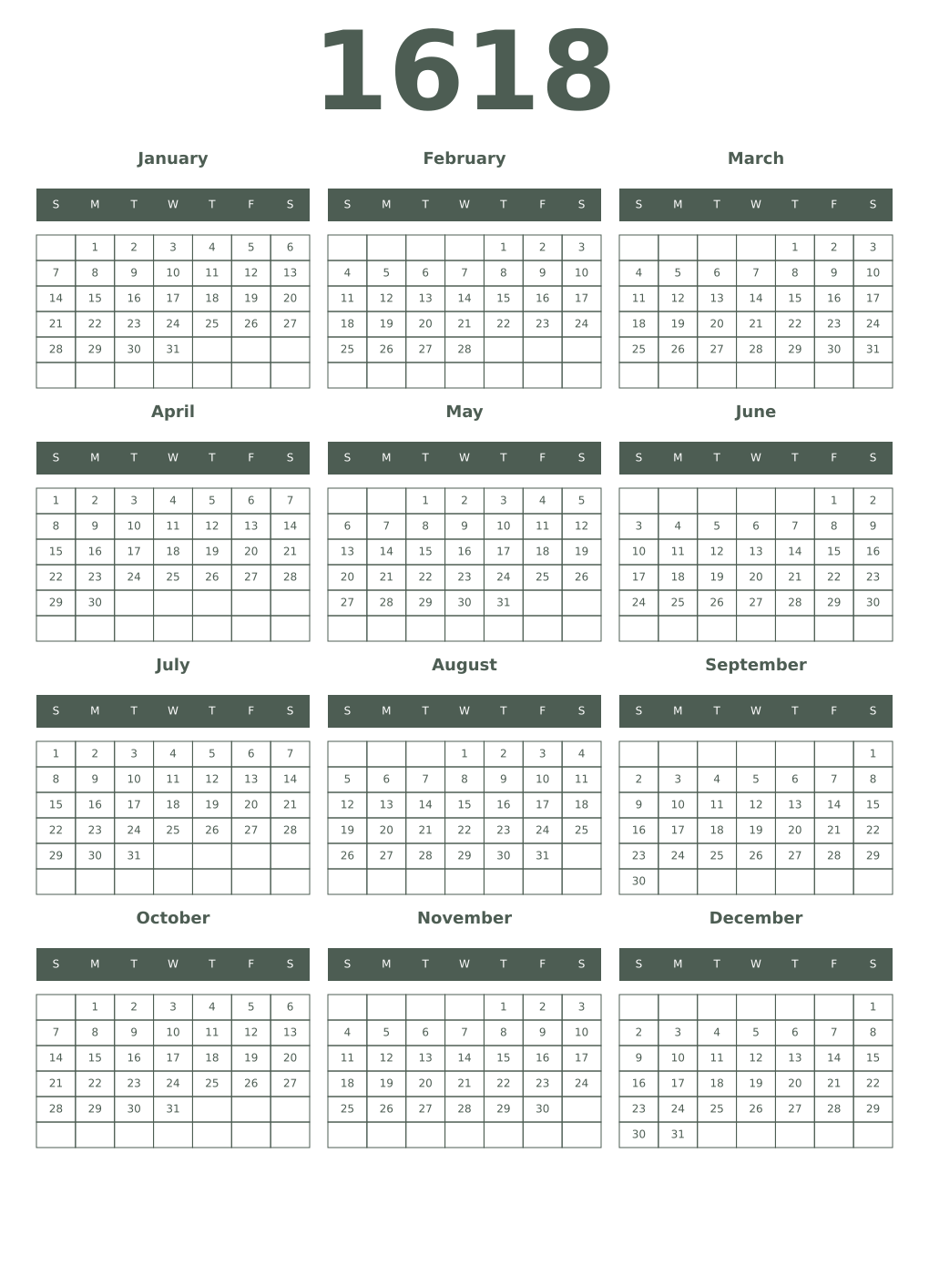 Printable 1618 Year Calendars feldgrau