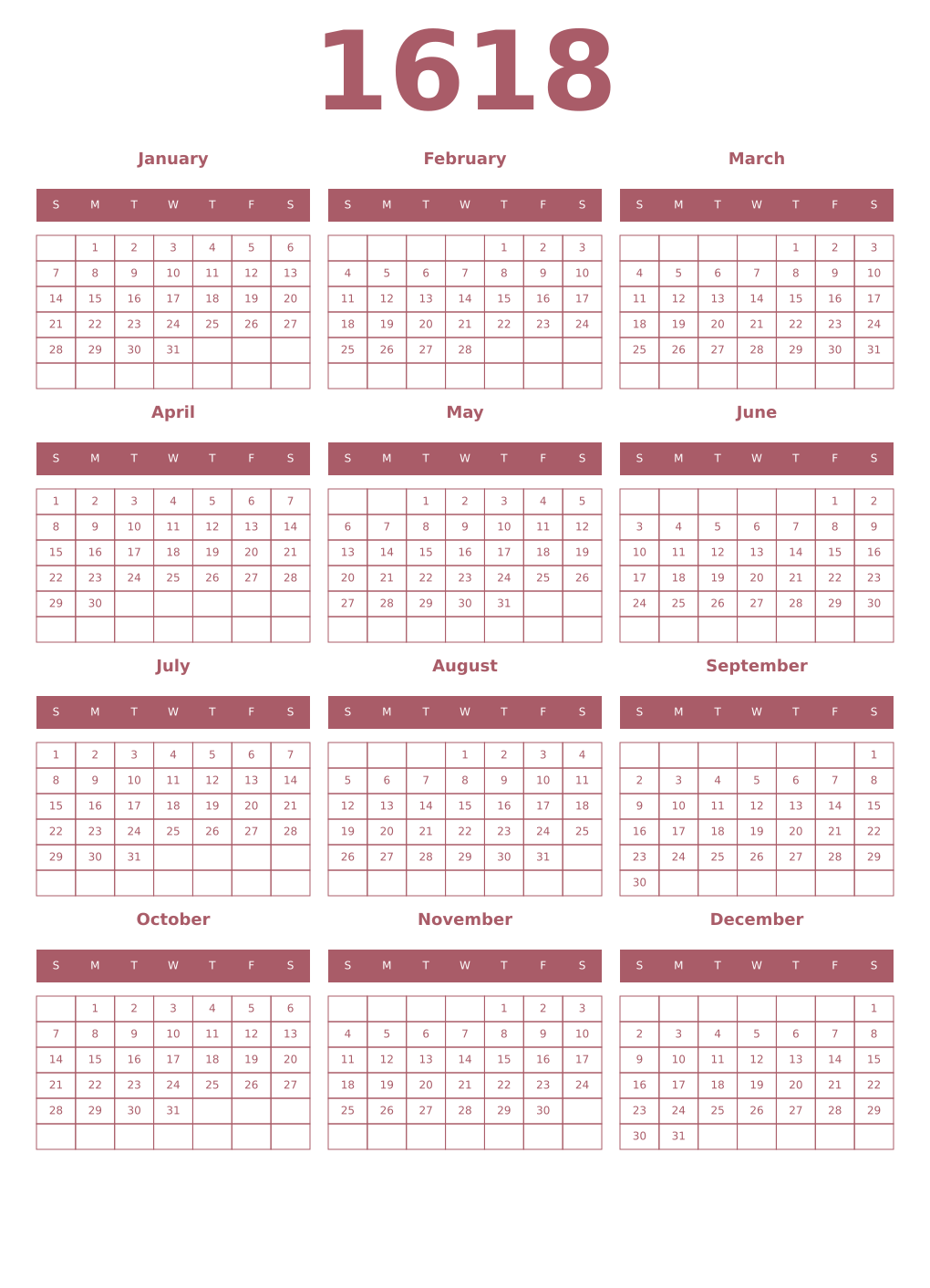 Printable 1618 Year Calendars puce