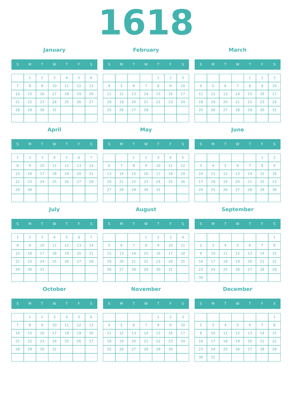 Printable 1618 Year Calendars verdigris