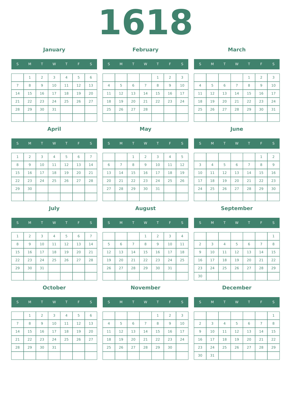 Printable 1618 Year Calendars viridian