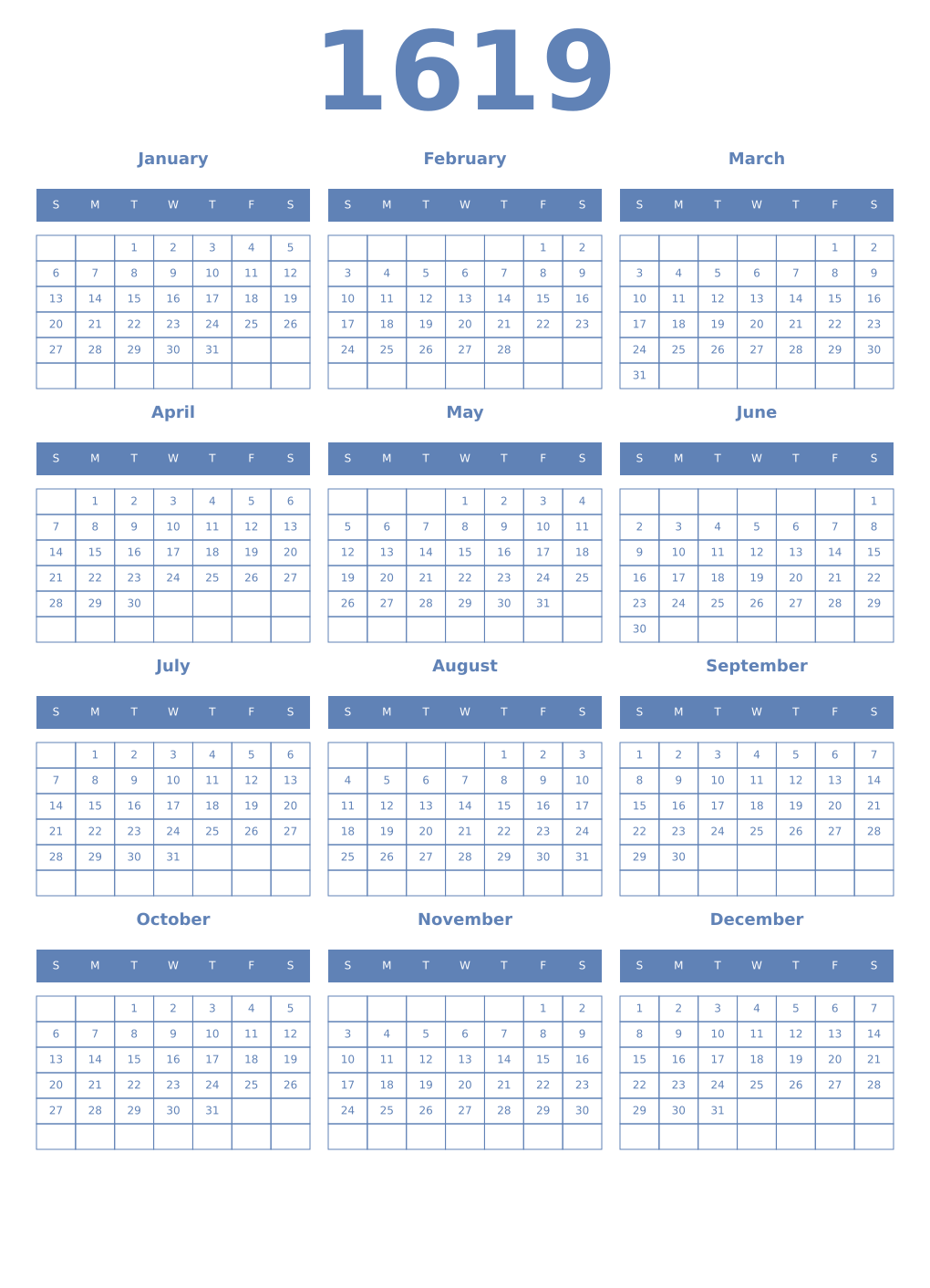 Printable 1619 Year Calendars glaucous