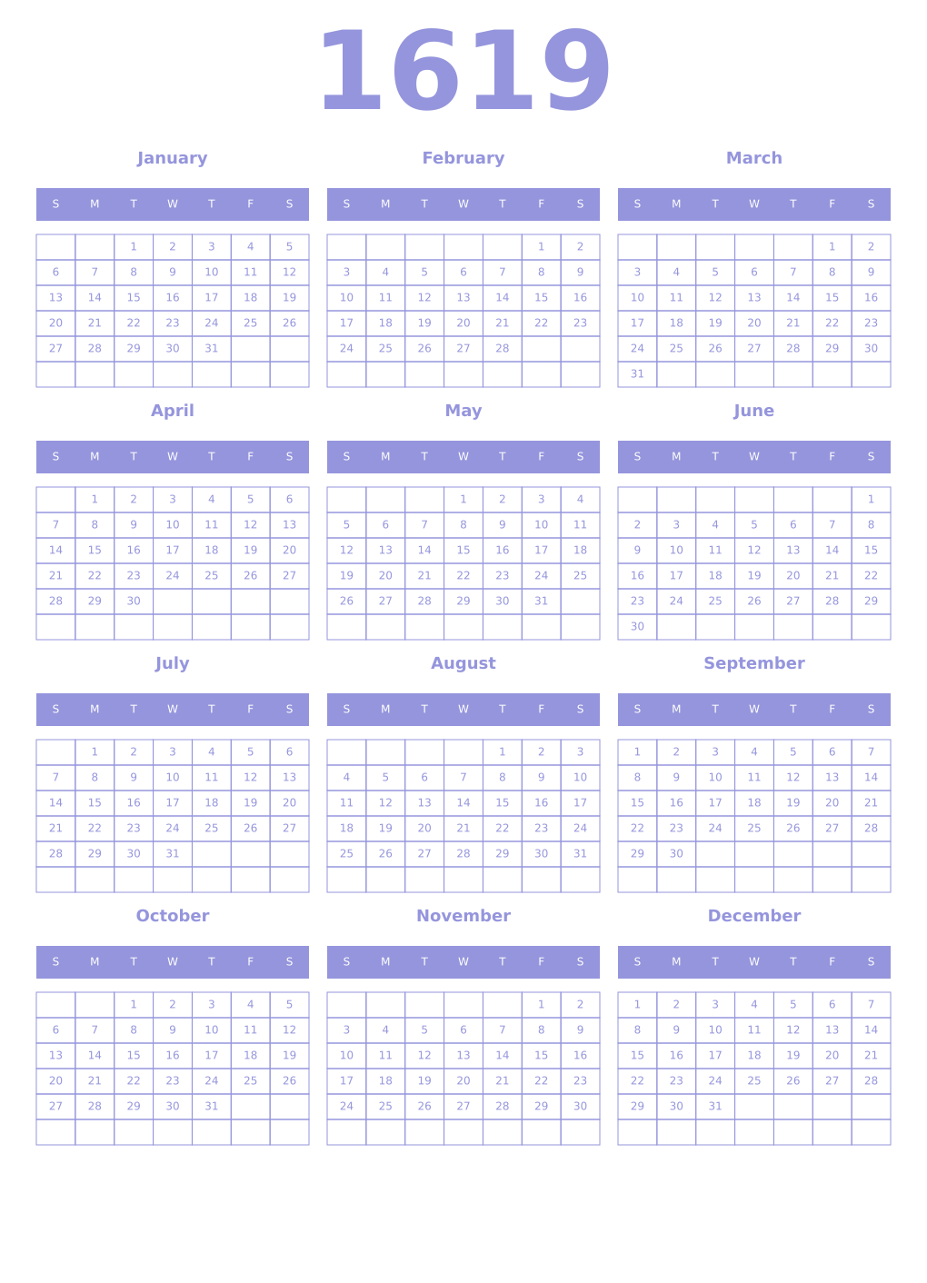 Printable 1619 Year Calendars periwinkle