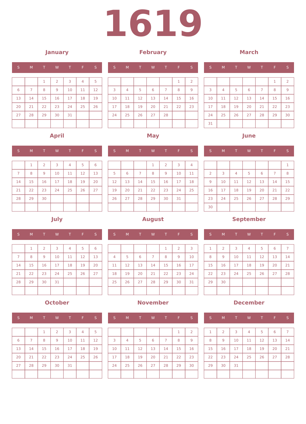 Printable 1619 Year Calendars puce