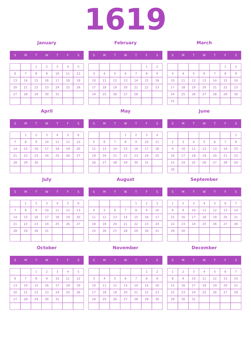 Printable 1619 Year Calendars purple
