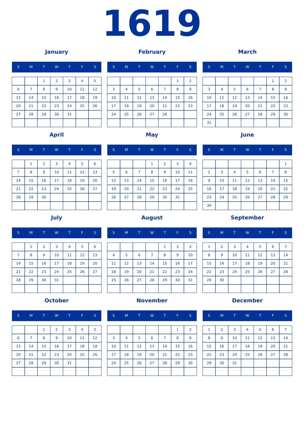 Printable 1619 Year Calendars smalt
