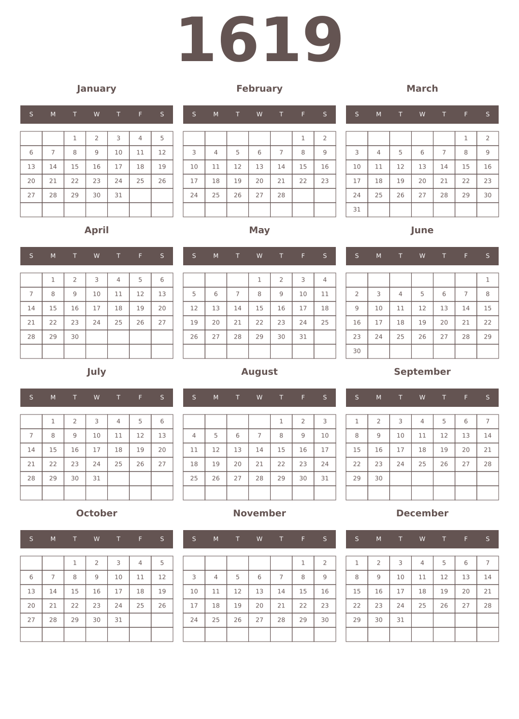 Printable 1619 Year Calendars wenge