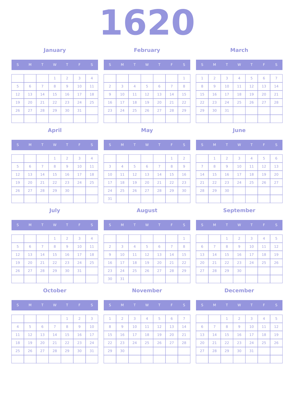 Printable 1620 Year Calendars periwinkle