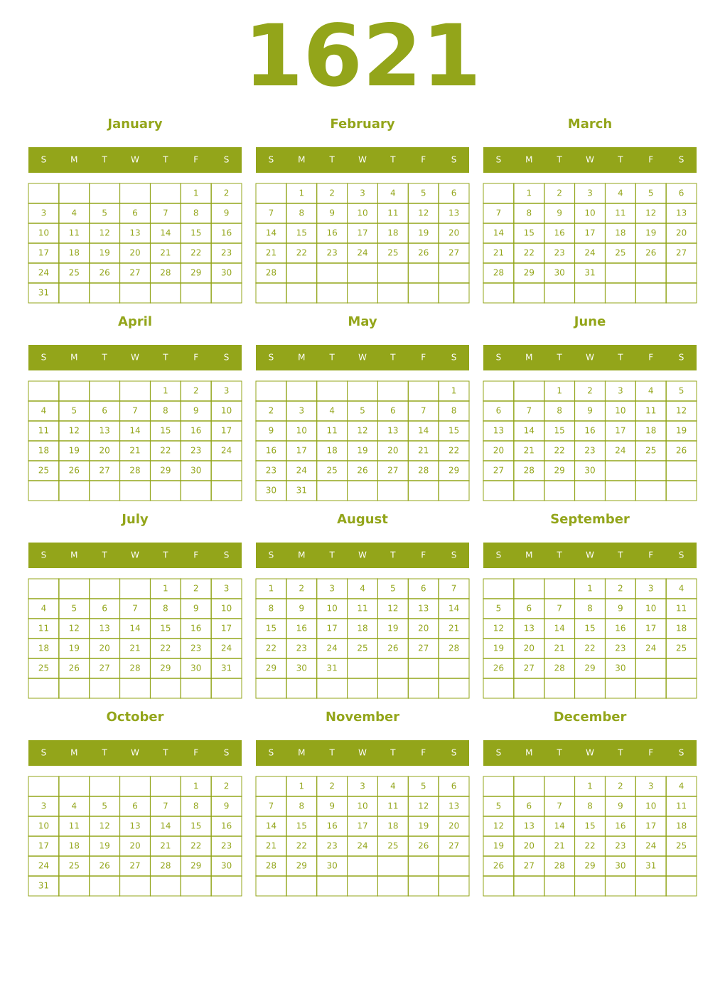 Printable 1621 Year Calendars chartreuse
