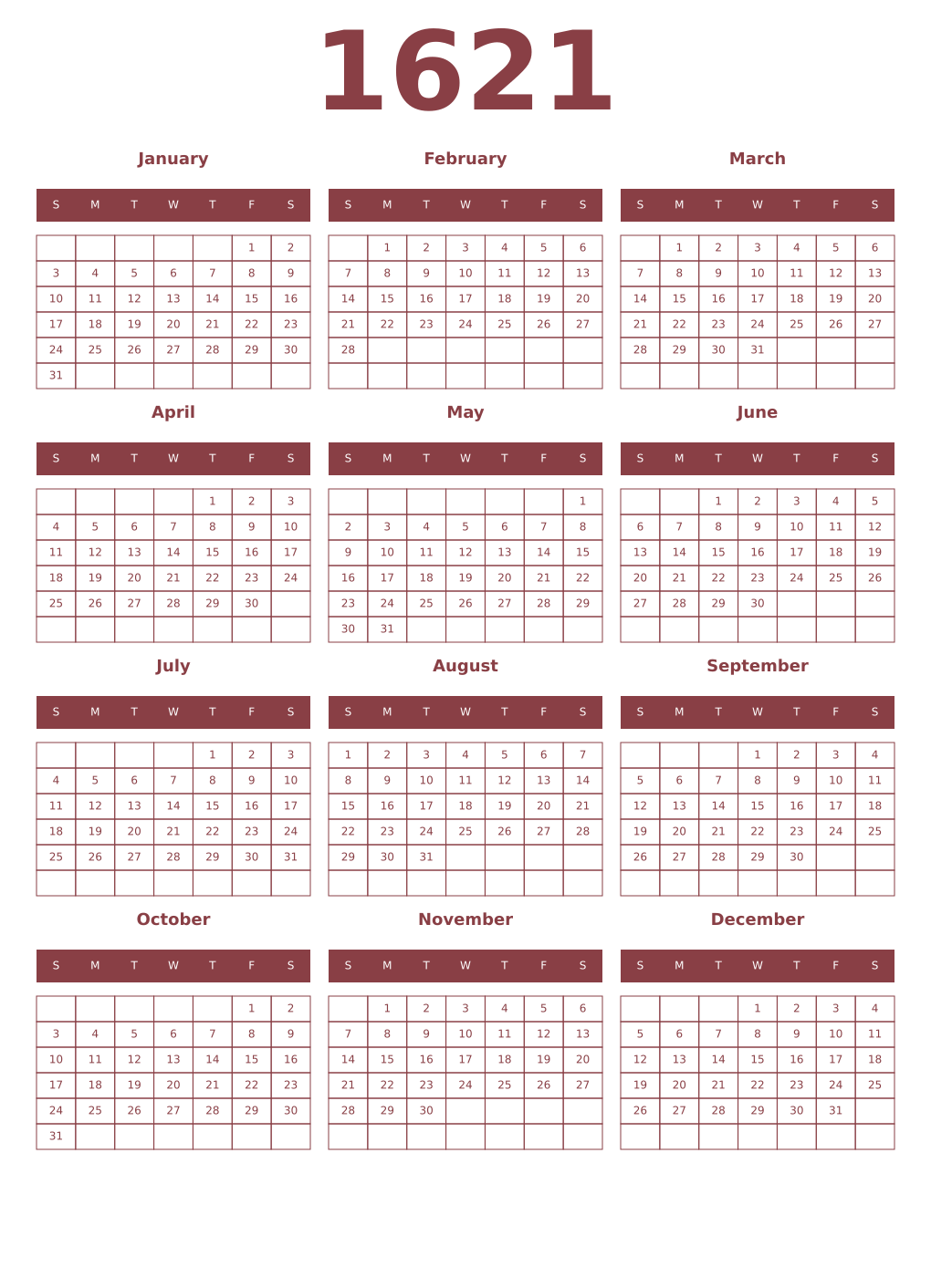 Printable 1621 Year Calendars cordovan