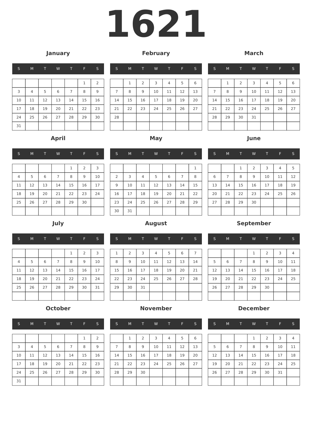 Printable 1621 Year Calendars dark