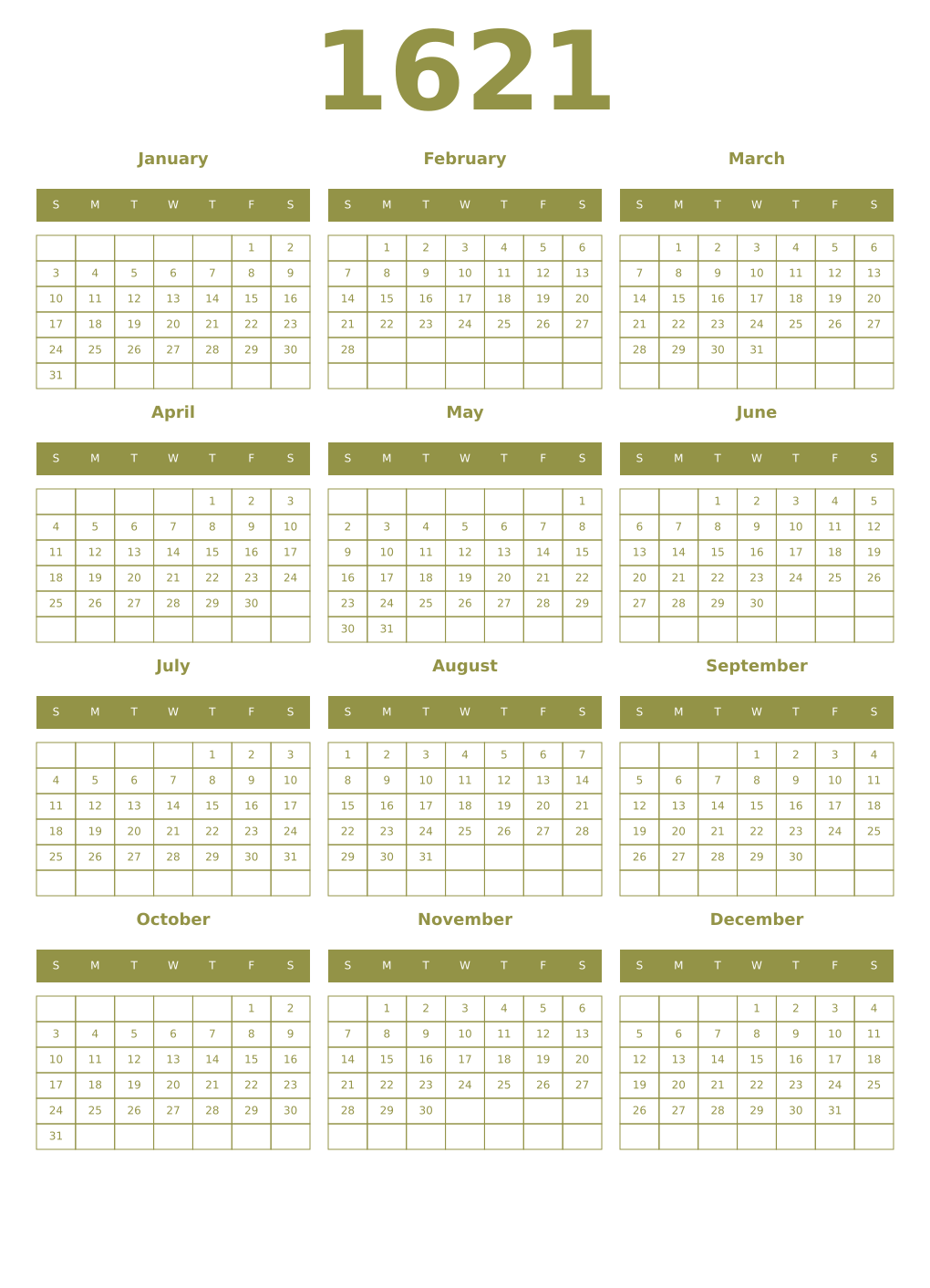 Printable 1621 Year Calendars eburnean