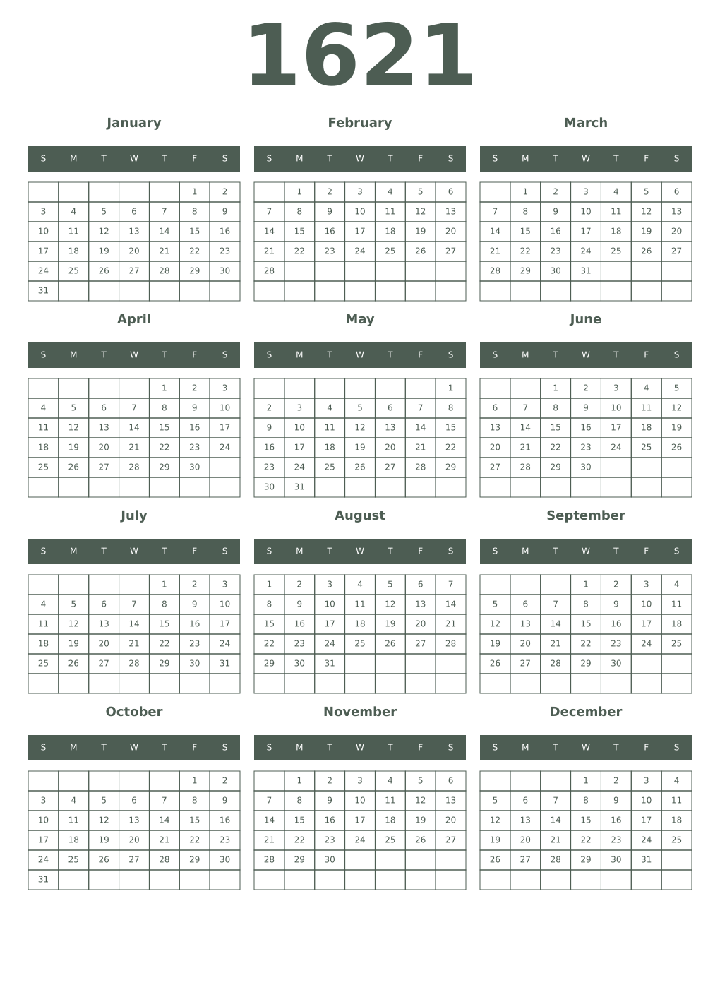 Printable 1621 Year Calendars feldgrau