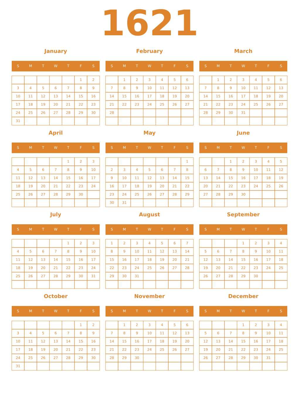 Printable 1621 Year Calendars orange