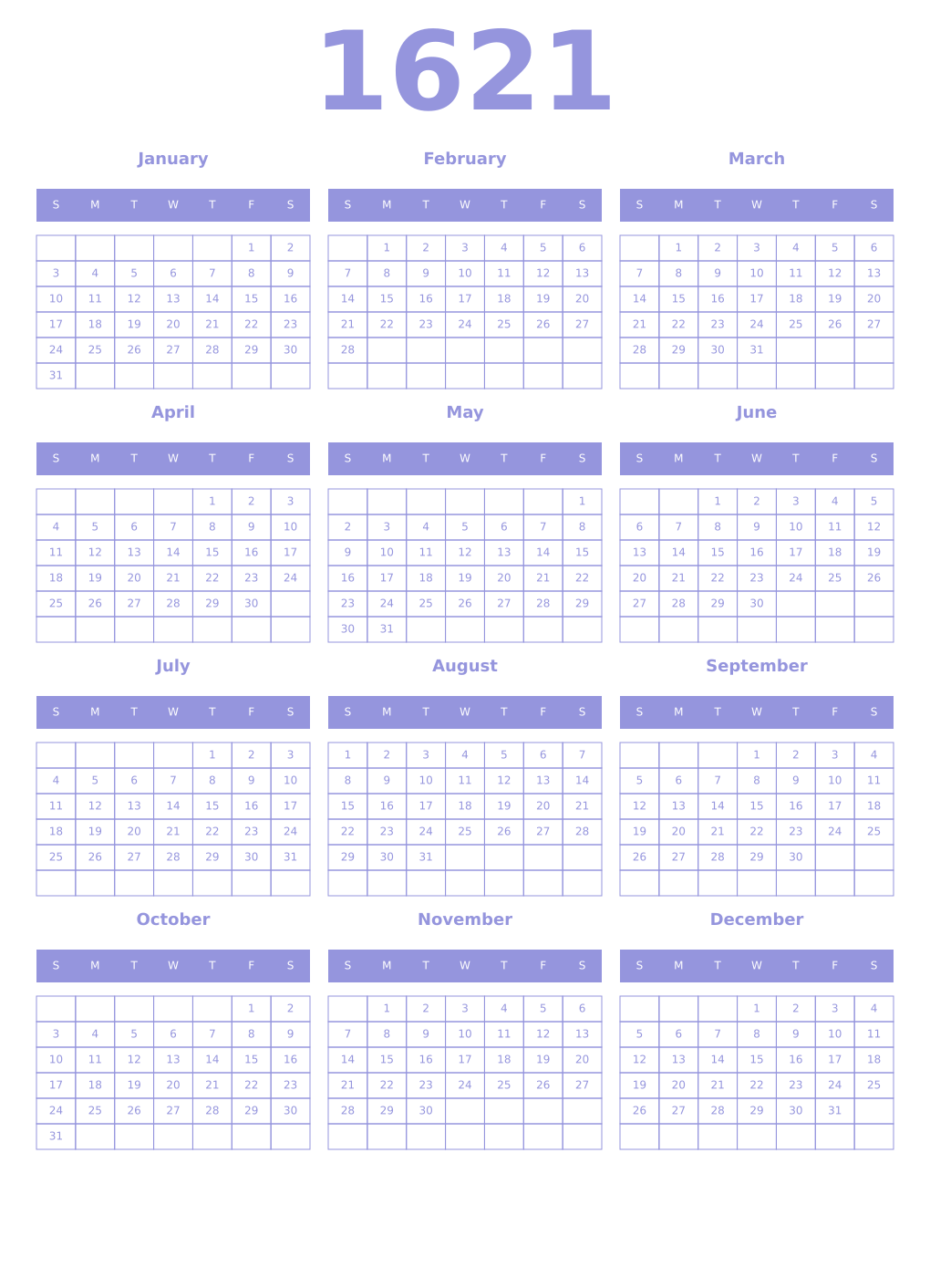 Printable 1621 Year Calendars periwinkle