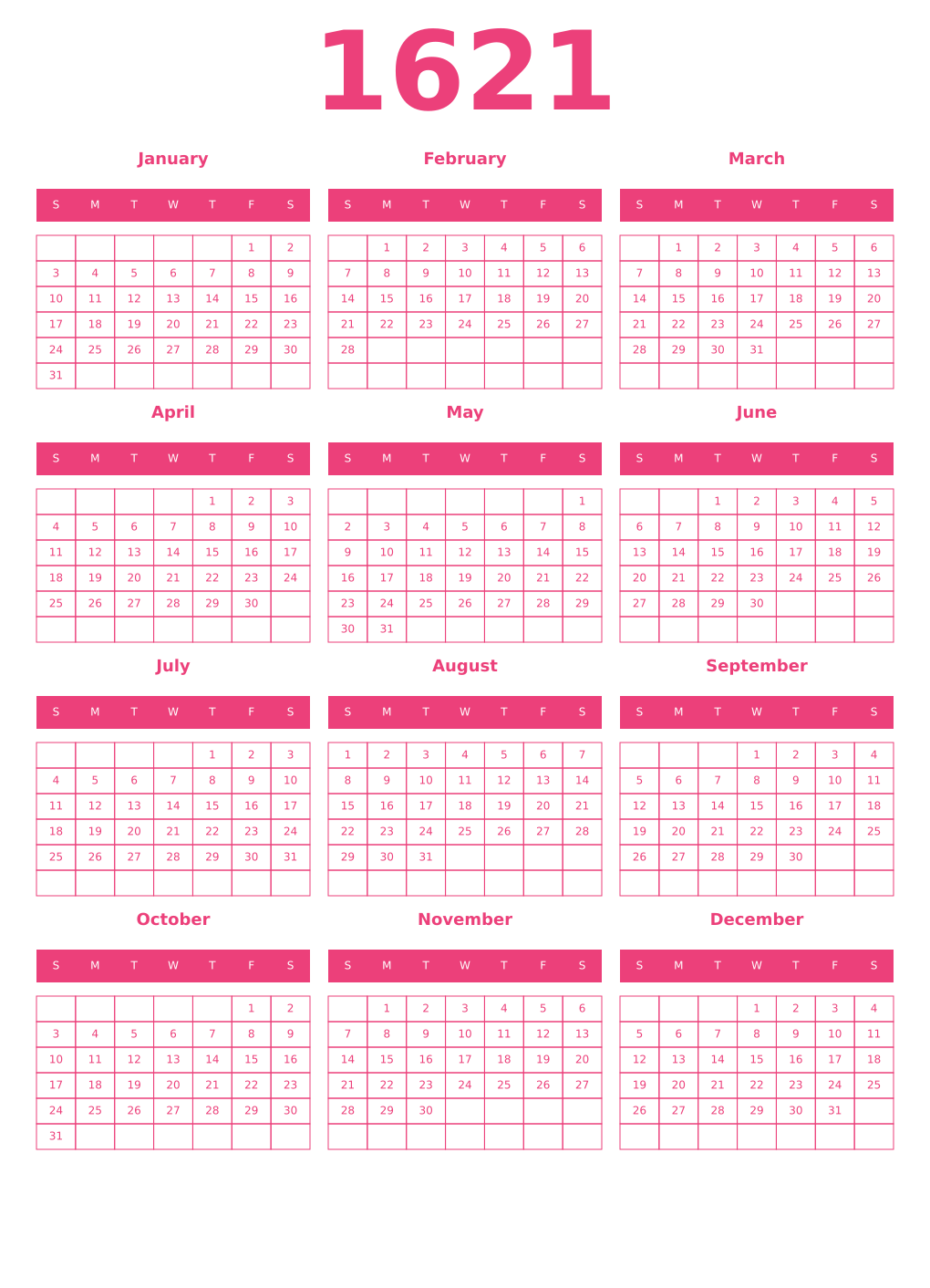 Printable 1621 Year Calendars pink