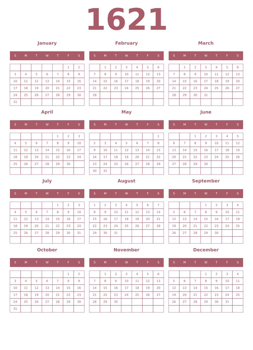 Printable 1621 Year Calendars puce
