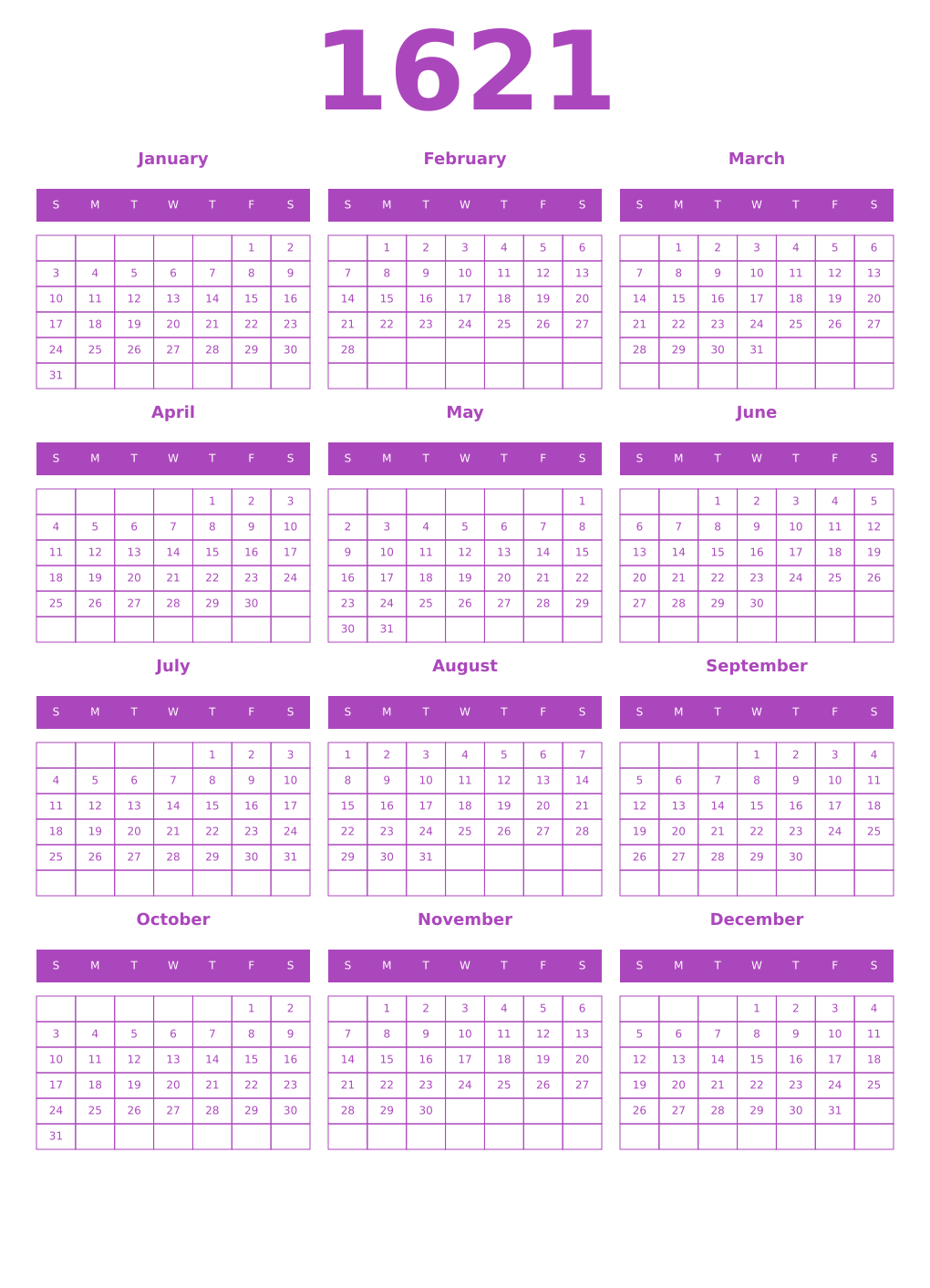 Printable 1621 Year Calendars purple