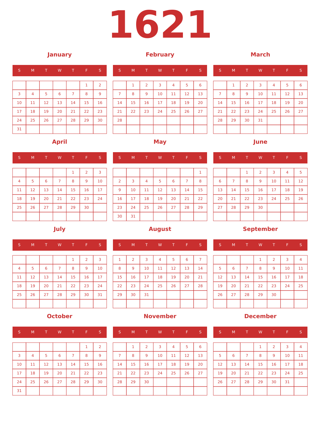 Printable 1621 Year Calendars red