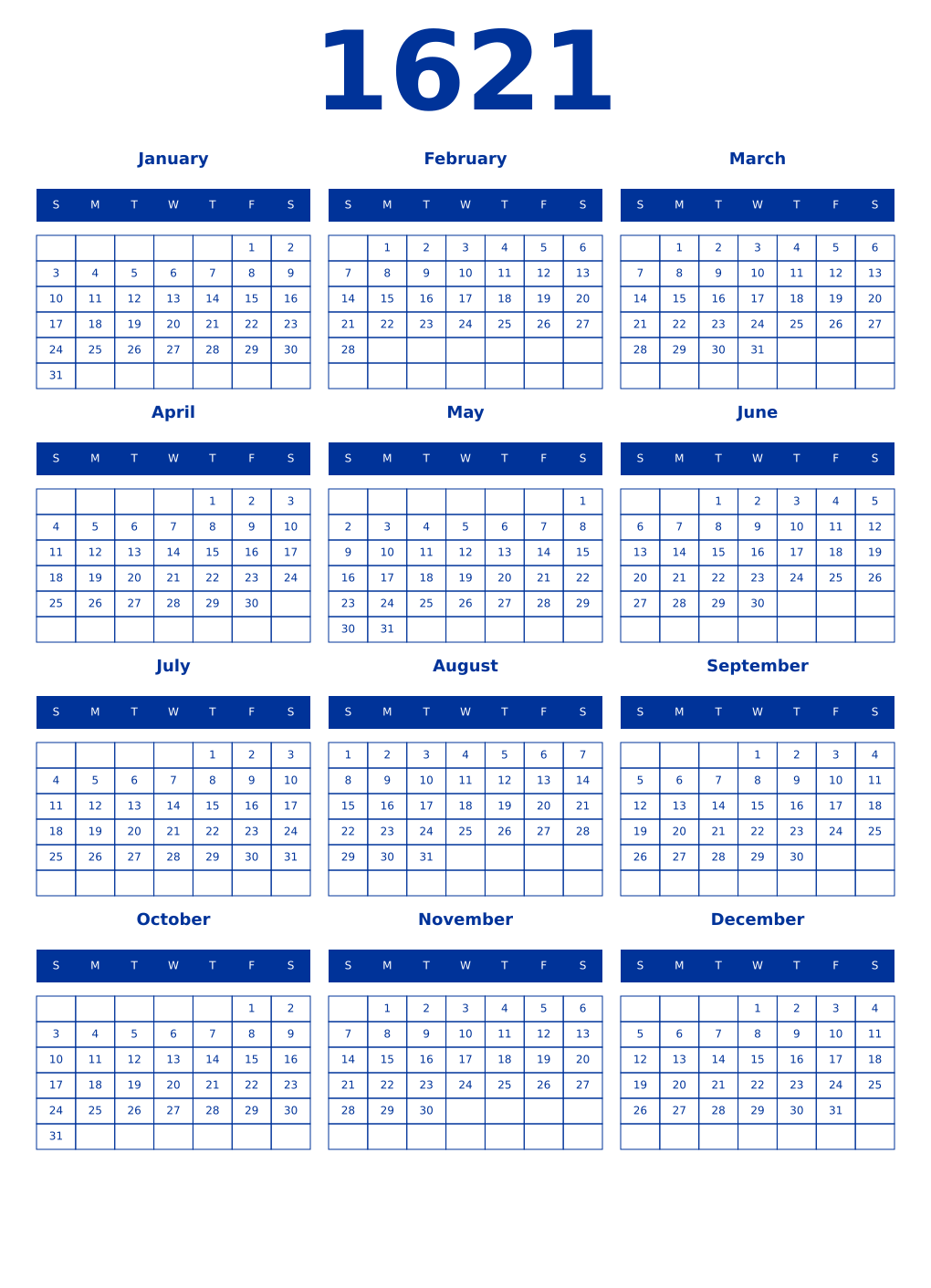 Printable 1621 Year Calendars smalt