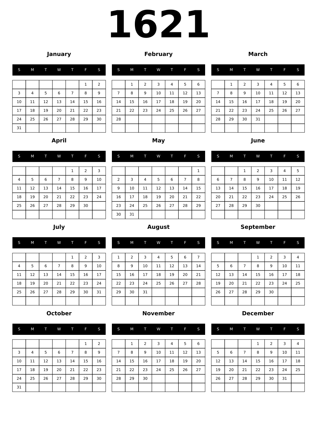 Printable 1621 Calendars