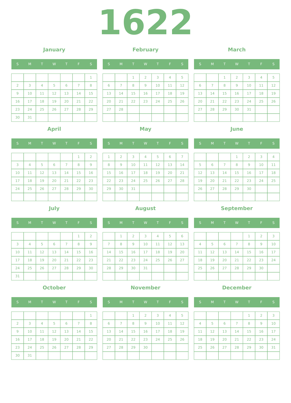 Printable 1622 Year Calendars celadon