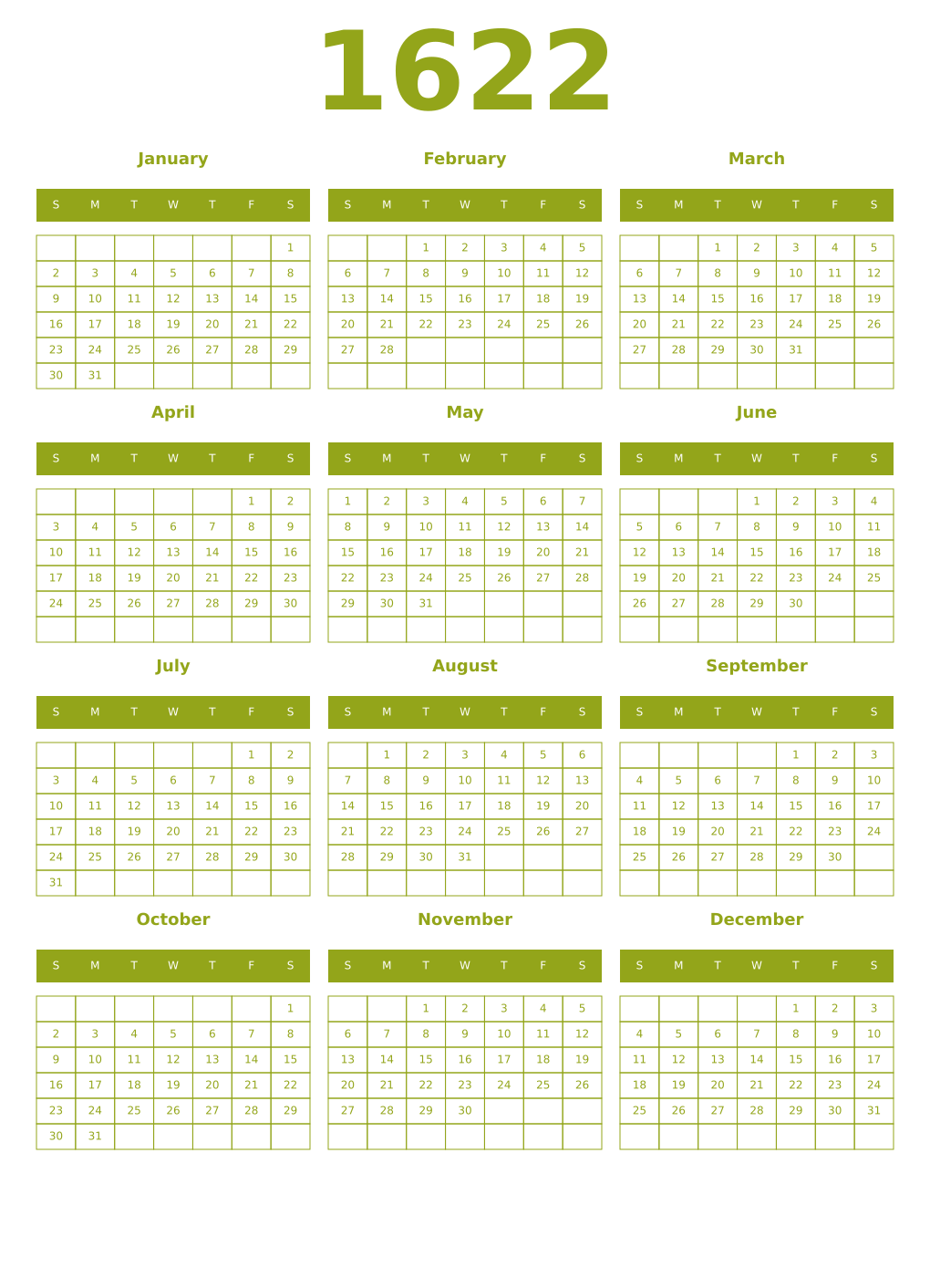Printable 1622 Year Calendars chartreuse