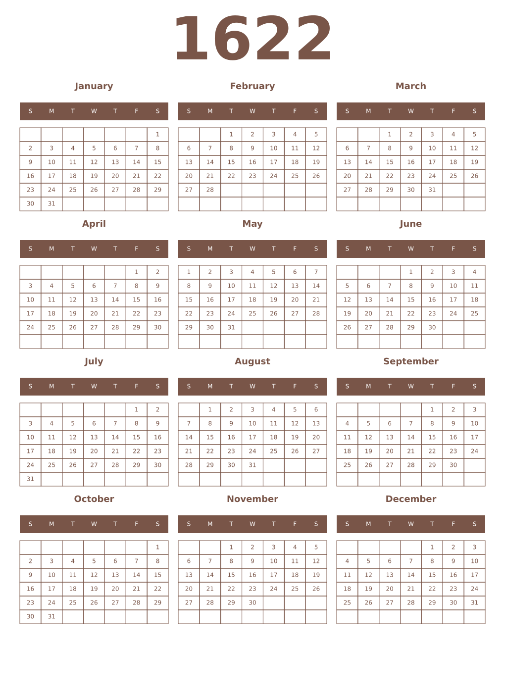 Printable 1622 Year Calendars coffe
