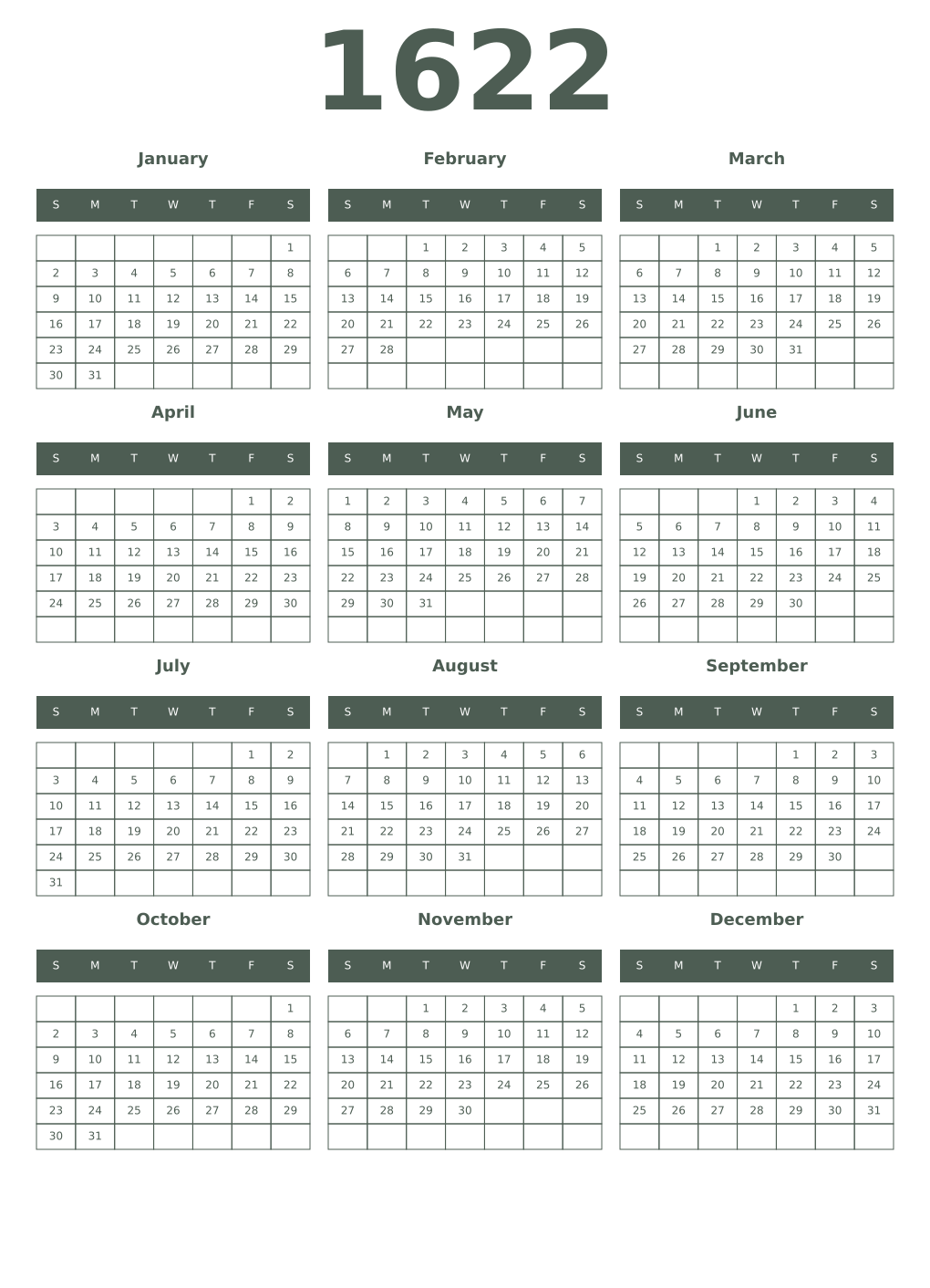 Printable 1622 Year Calendars feldgrau