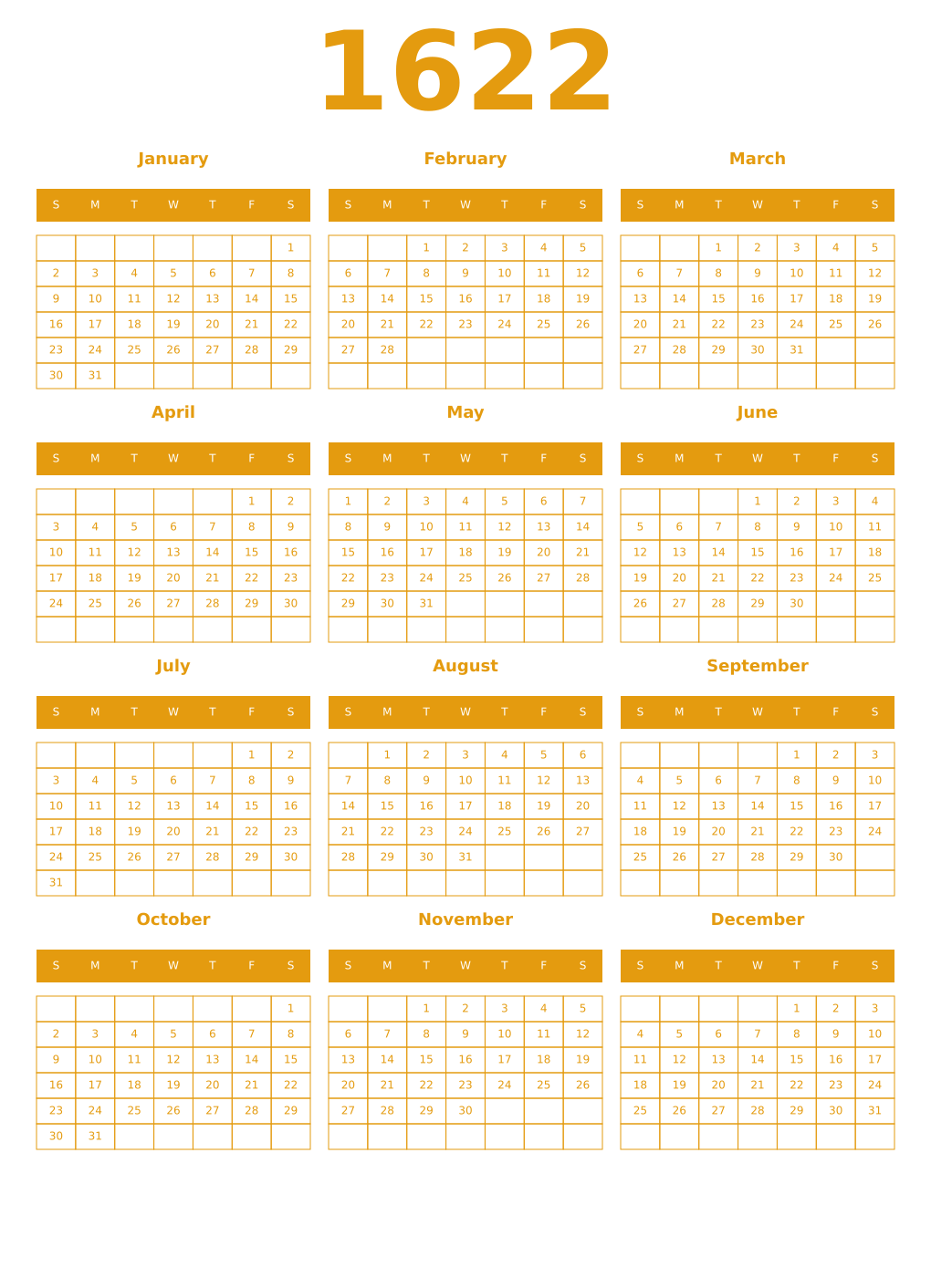 Printable 1622 Year Calendars gamboge