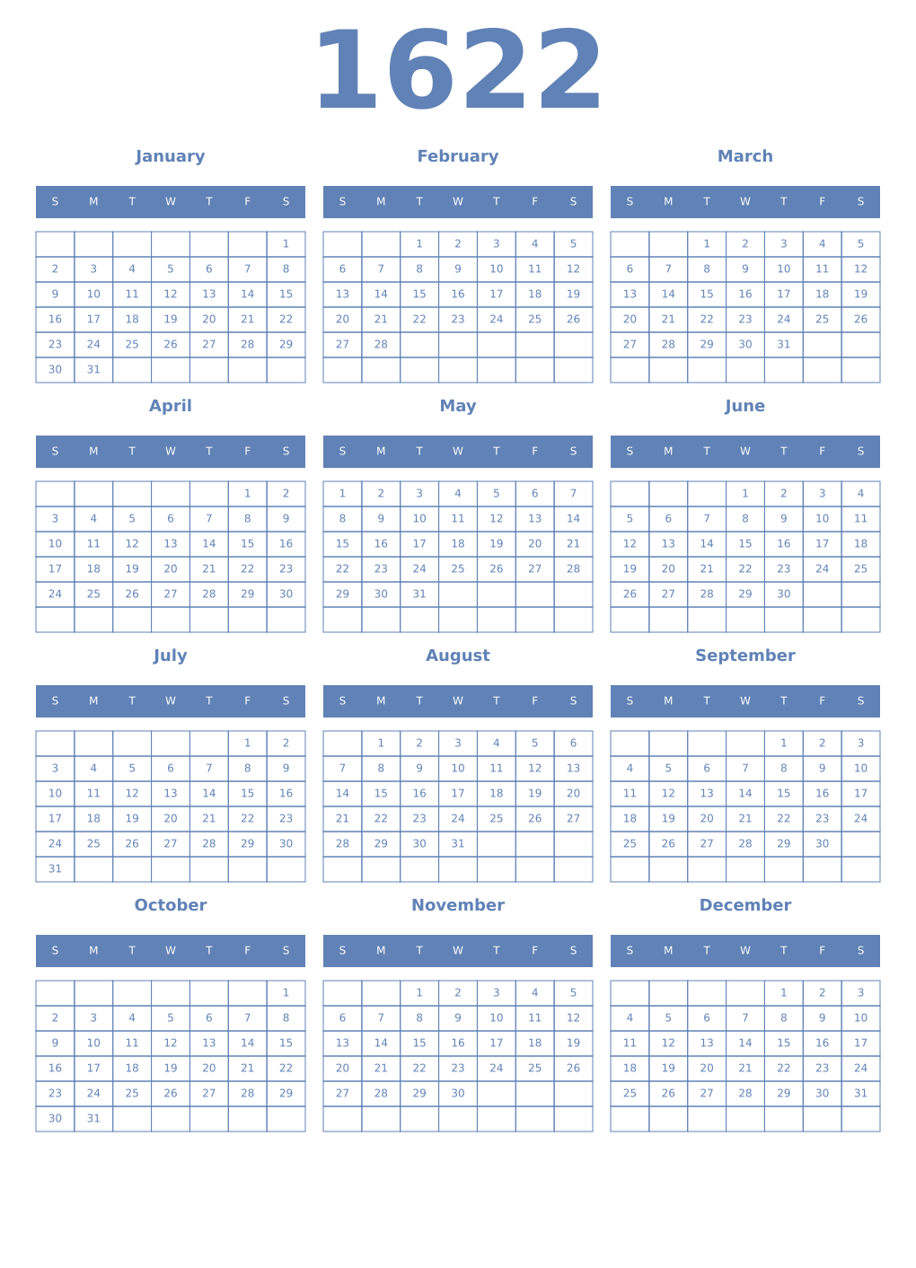 Printable 1622 Year Calendars glaucous