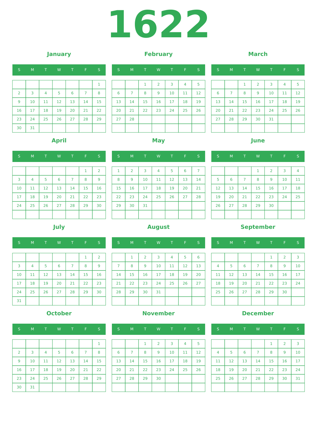 Printable 1622 Year Calendars green