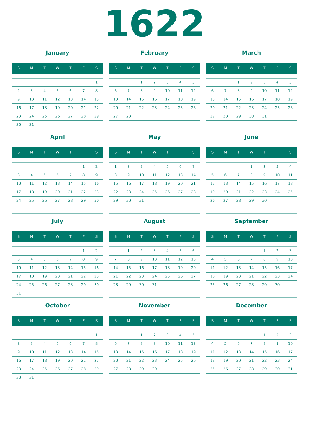 Printable 1622 Year Calendars pastel