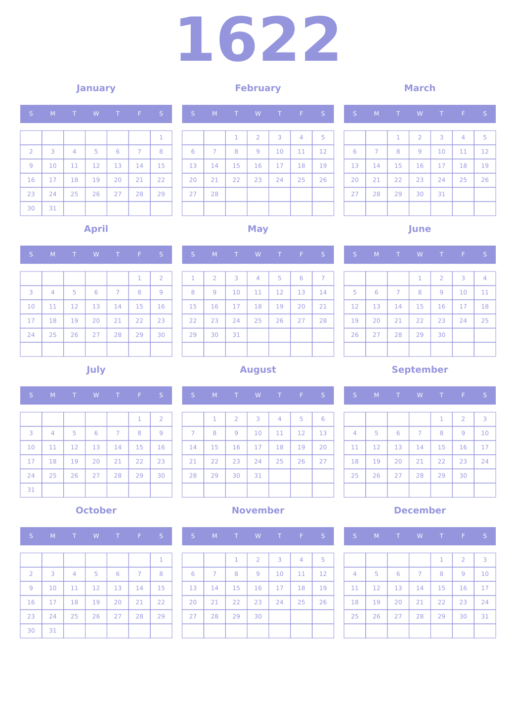 Printable 1622 Year Calendars periwinkle