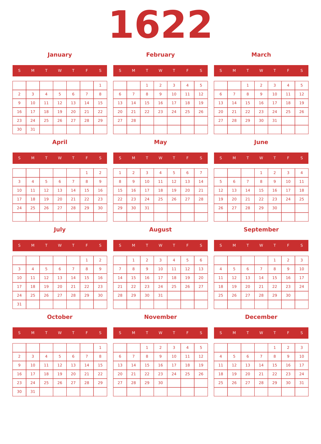 Printable 1622 Year Calendars red