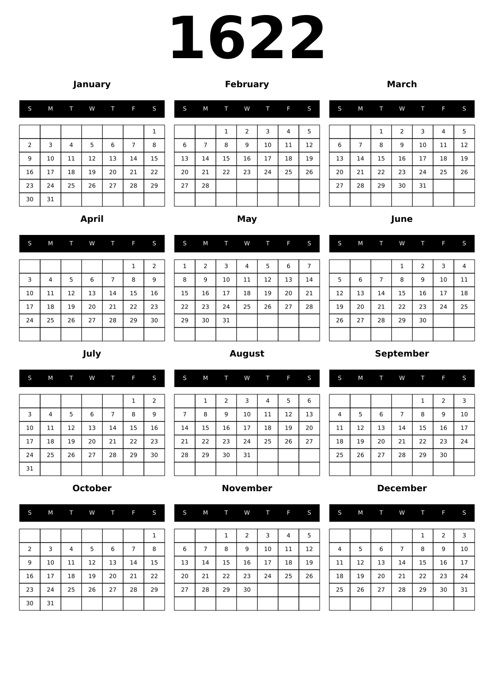 Printable 1622 Calendars