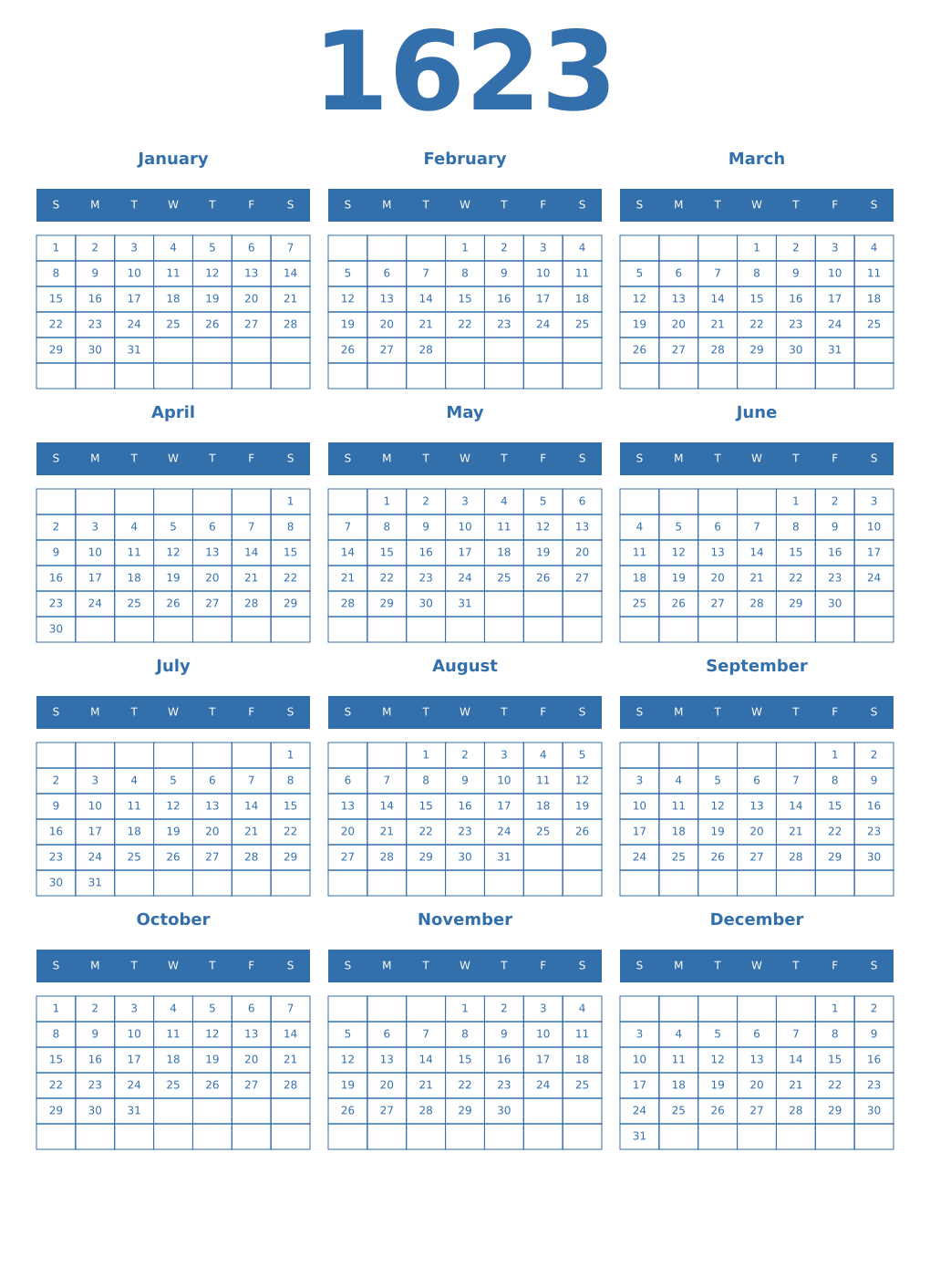 Printable 1623 Year Calendars blue