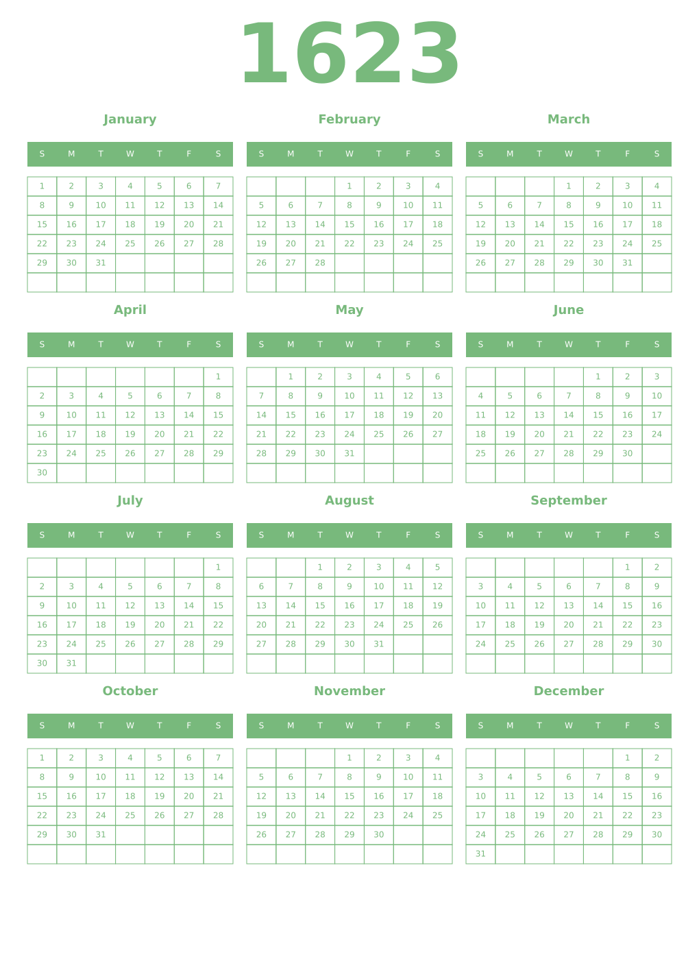 Printable 1623 Year Calendars celadon