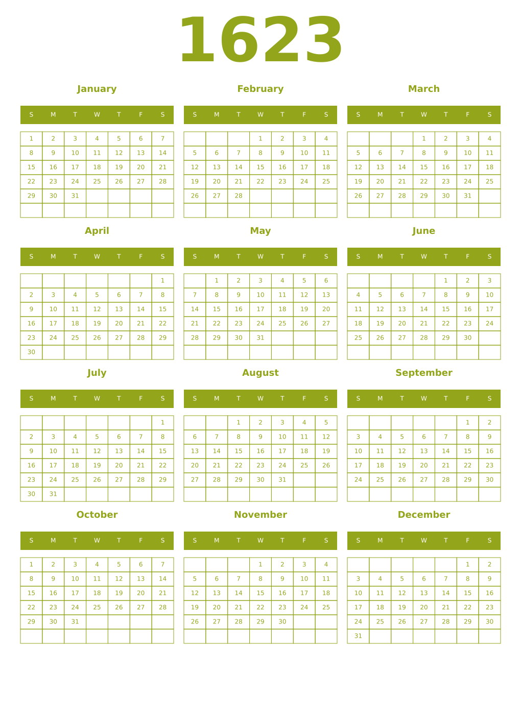 Printable 1623 Year Calendars chartreuse
