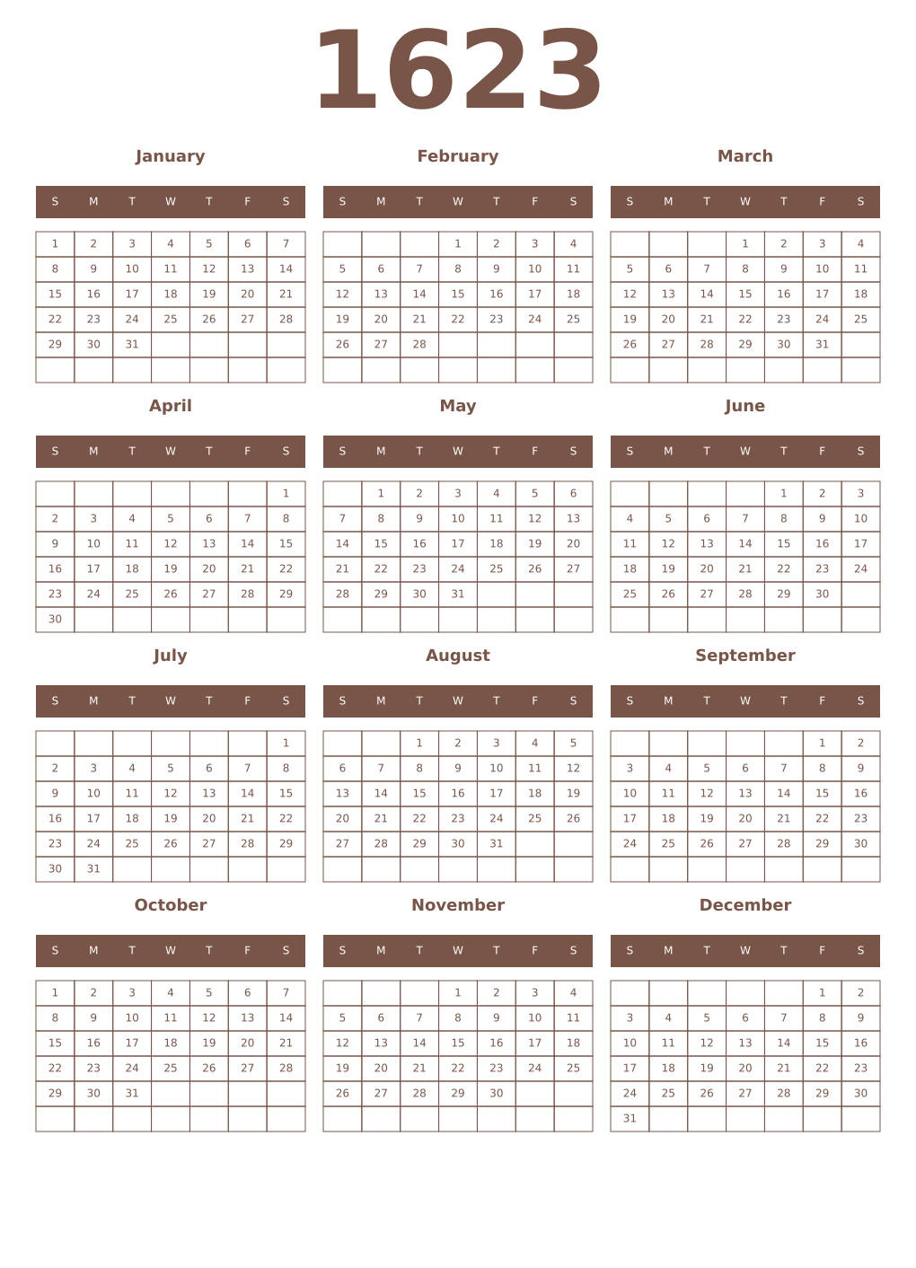 Printable 1623 Year Calendars coffe