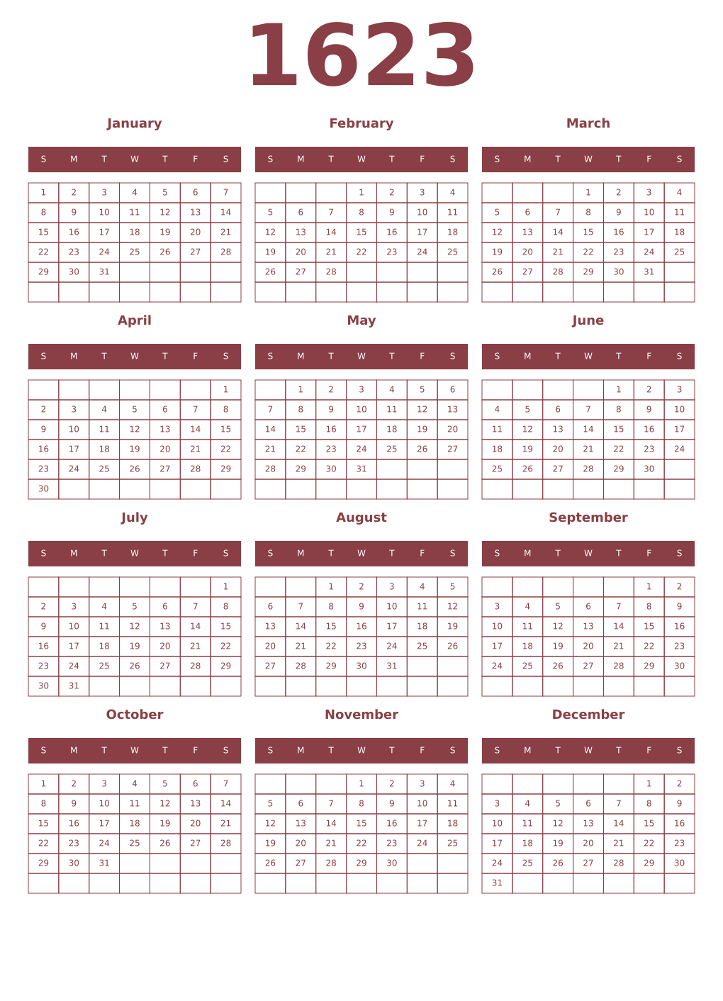 Printable 1623 Year Calendars cordovan