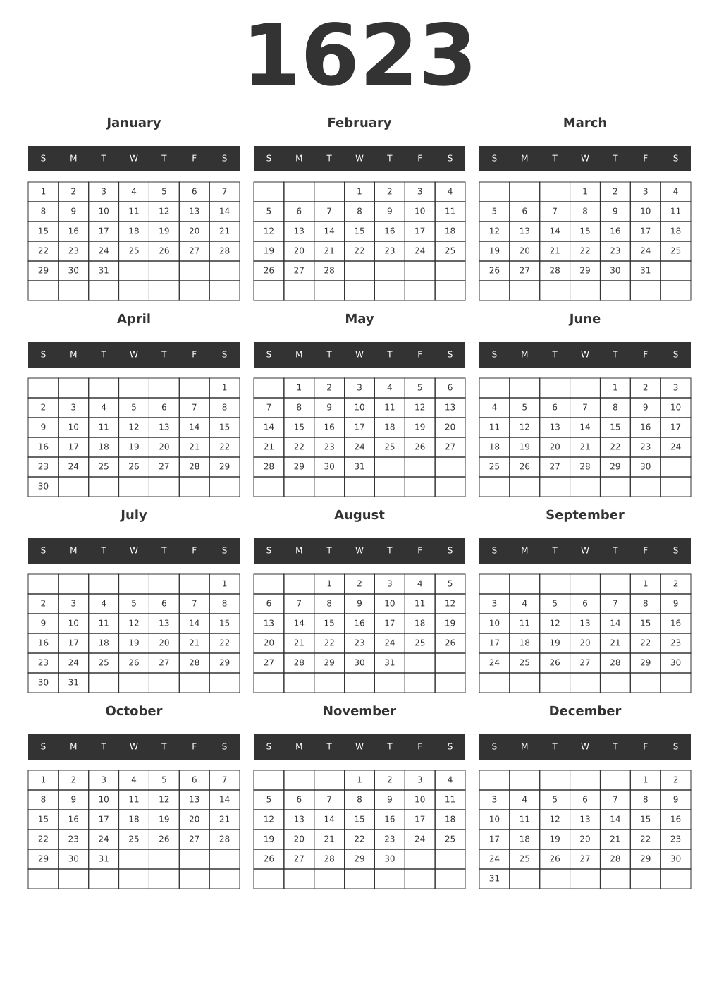Printable 1623 Year Calendars dark