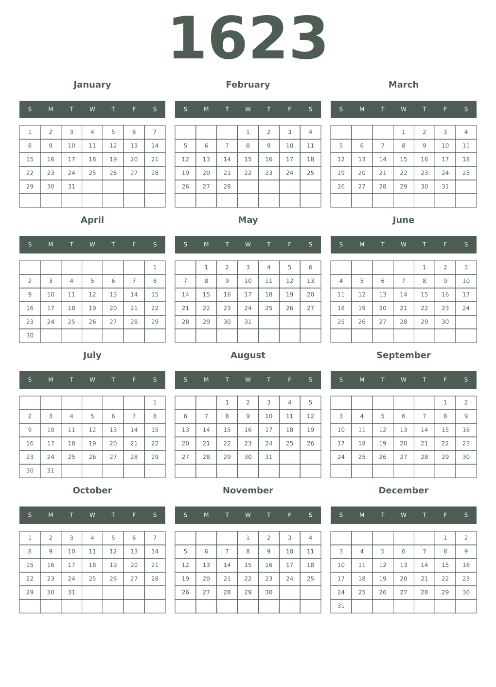 Printable 1623 Year Calendars feldgrau