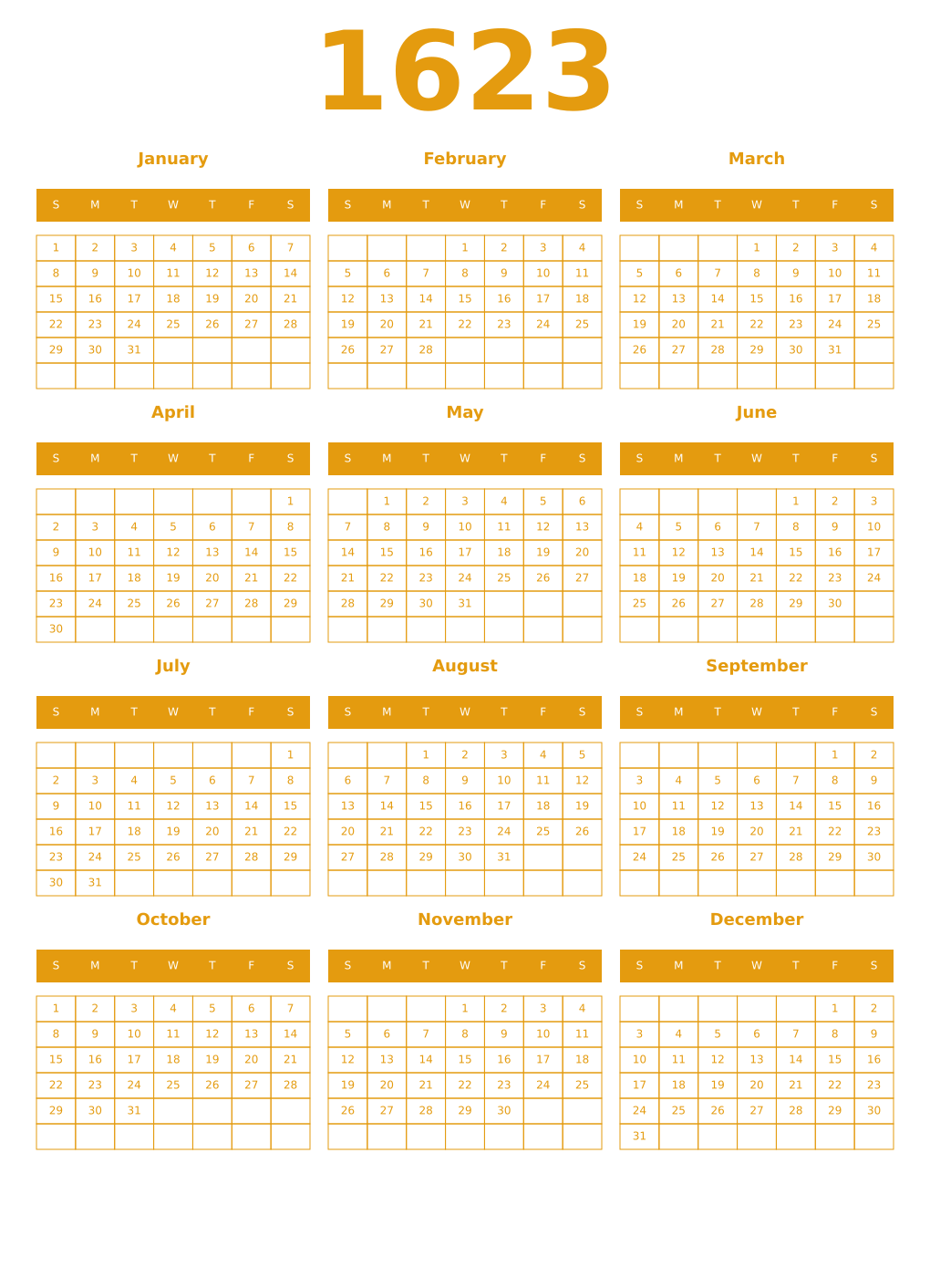 Printable 1623 Year Calendars gamboge
