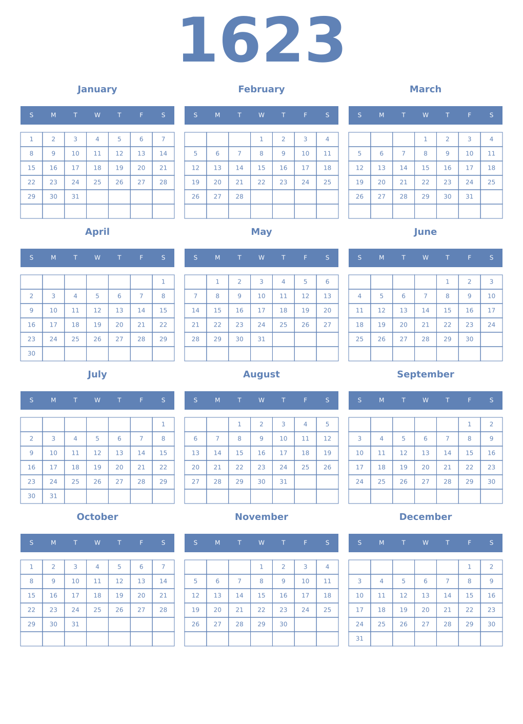 Printable 1623 Year Calendars glaucous
