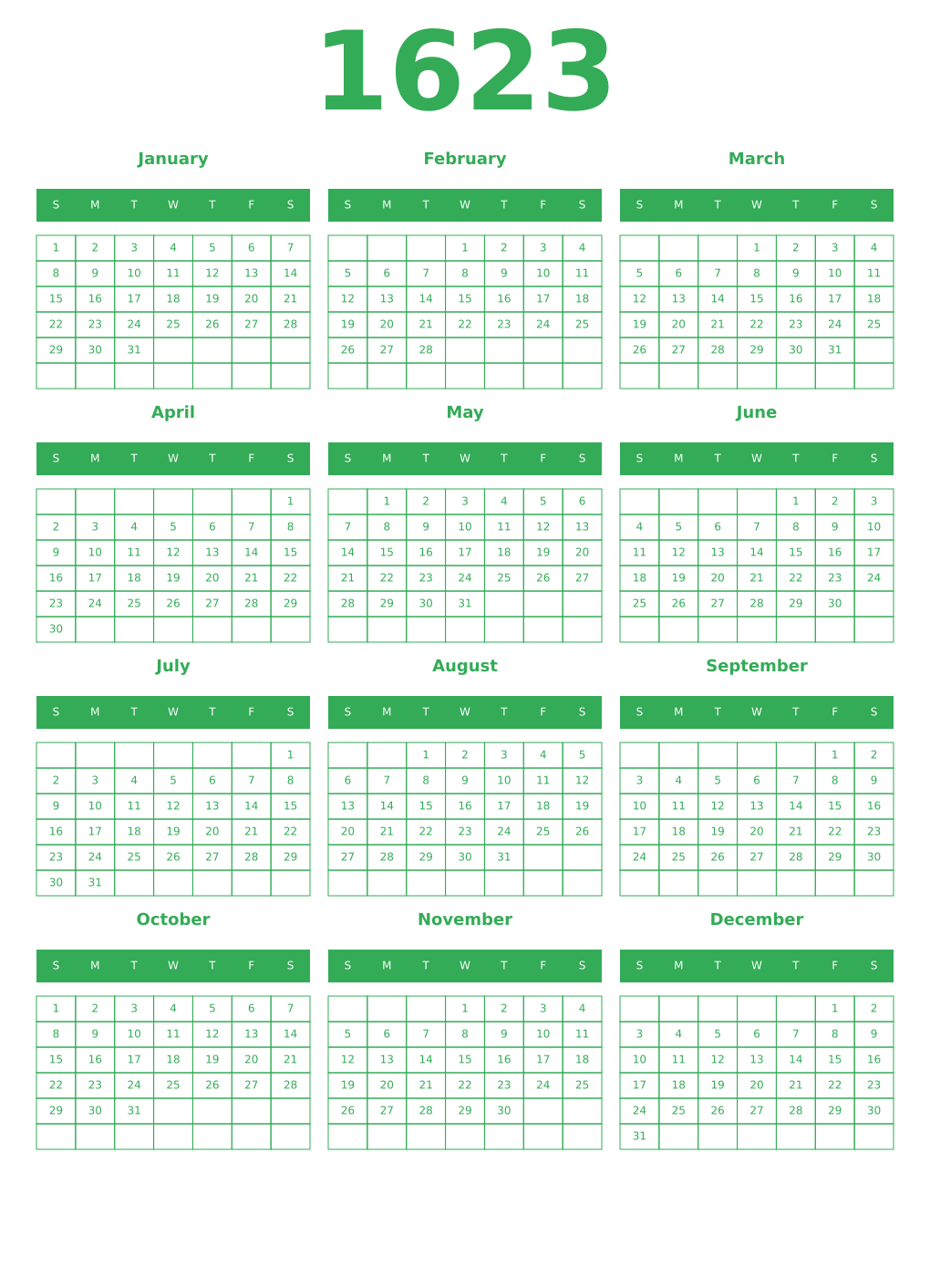 Printable 1623 Year Calendars green